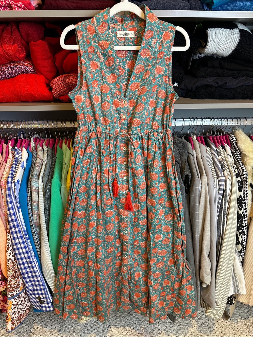 Natural Life blue/orange floral sleeveless cinch waist tie midi dress size XS